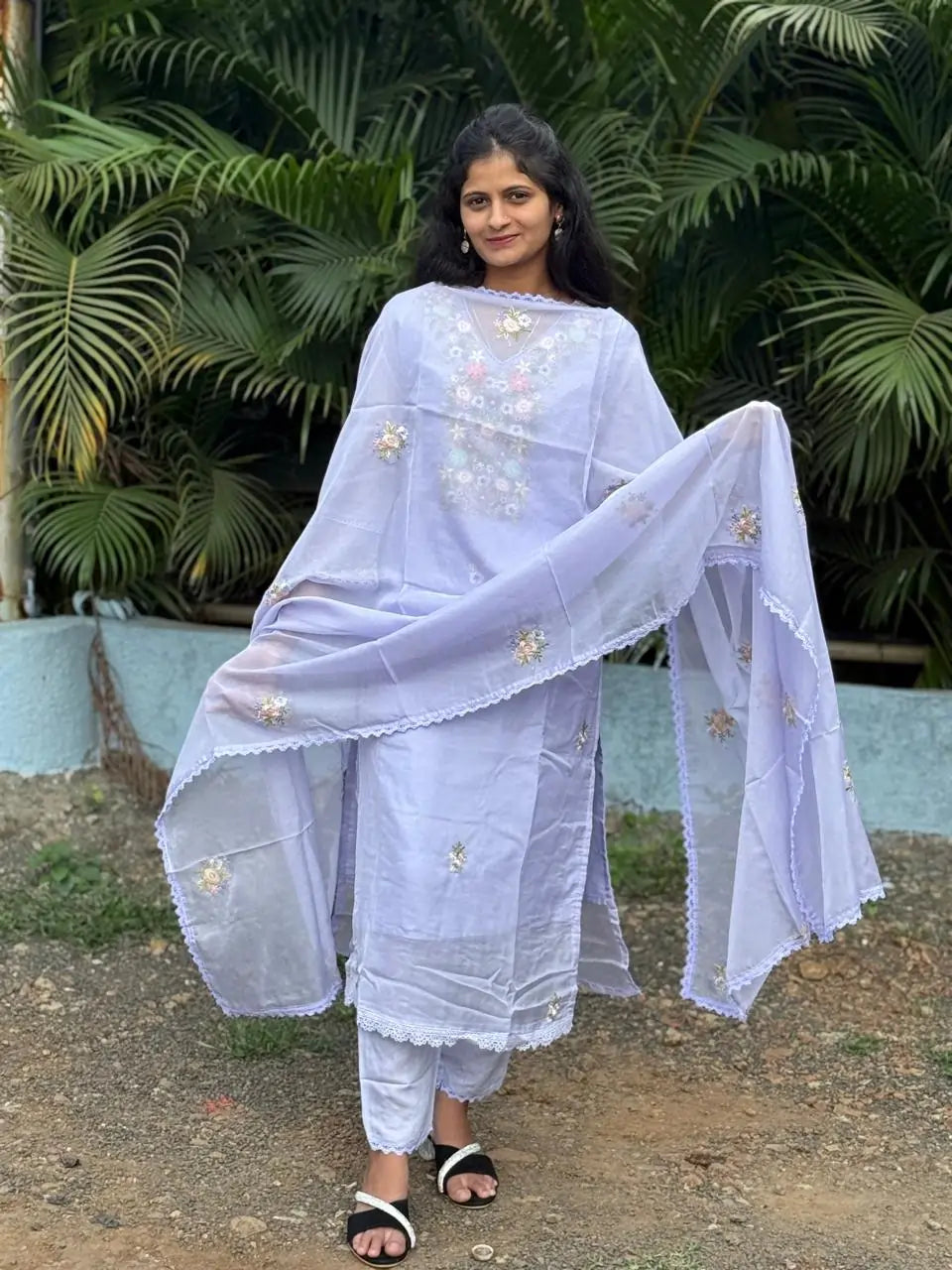 Lavender color straight kurta set with embroidery & handwork