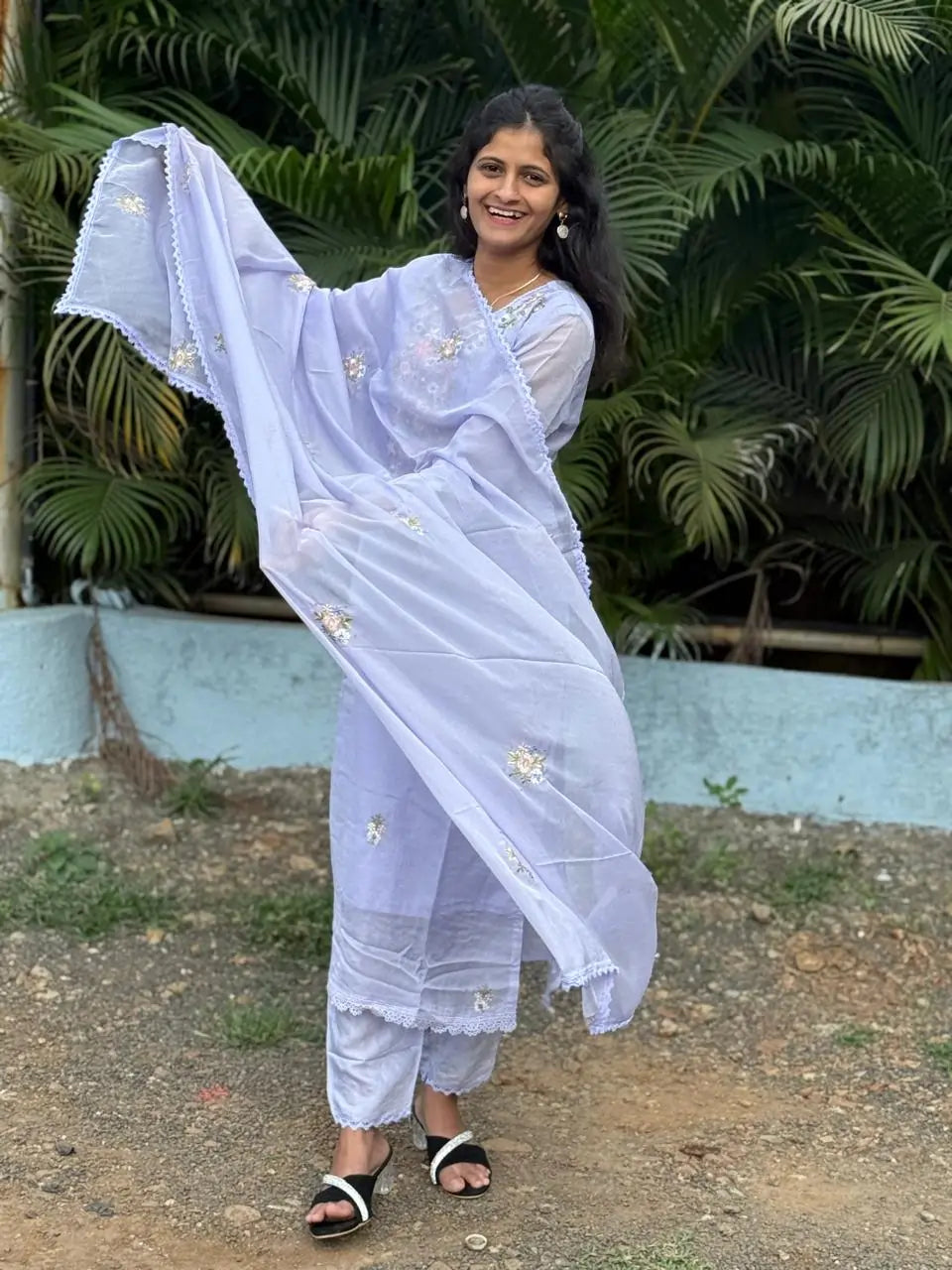 Lavender color straight kurta set with embroidery & handwork