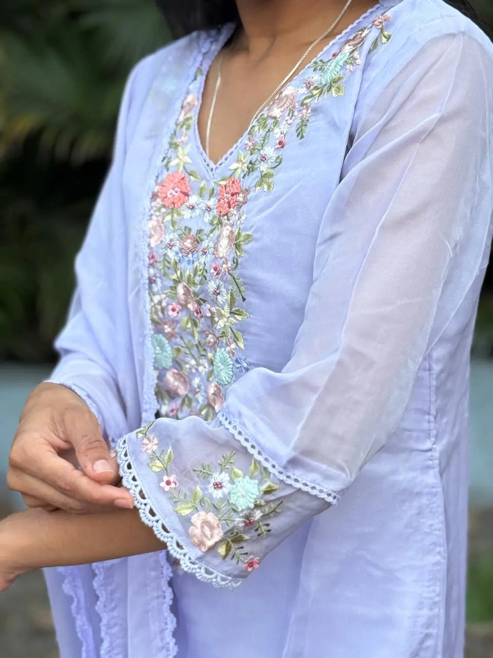 Lavender color straight kurta set with embroidery & handwork