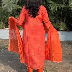 Orange color straight kurta set with embroidery
