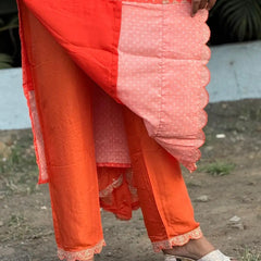 Orange color straight kurta set with embroidery