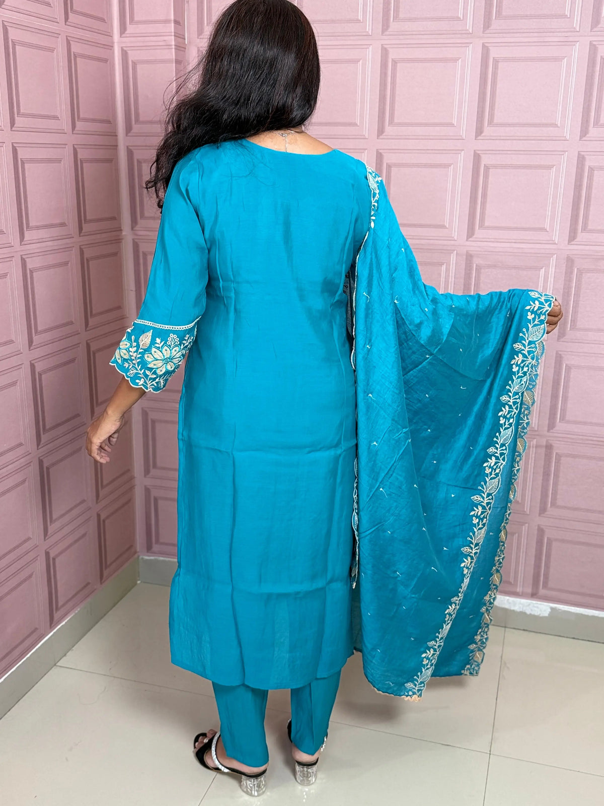 Rama color pure mul chanderi straight kurta set with embriodery