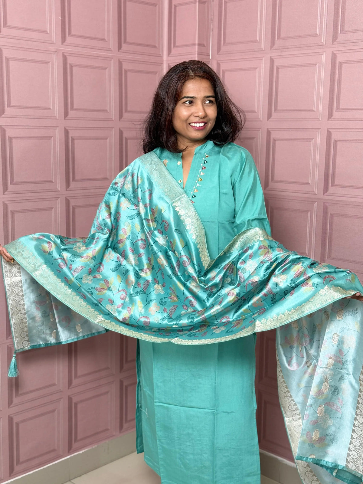 Viscose silk straight kurta set with beautiful bird embroidery