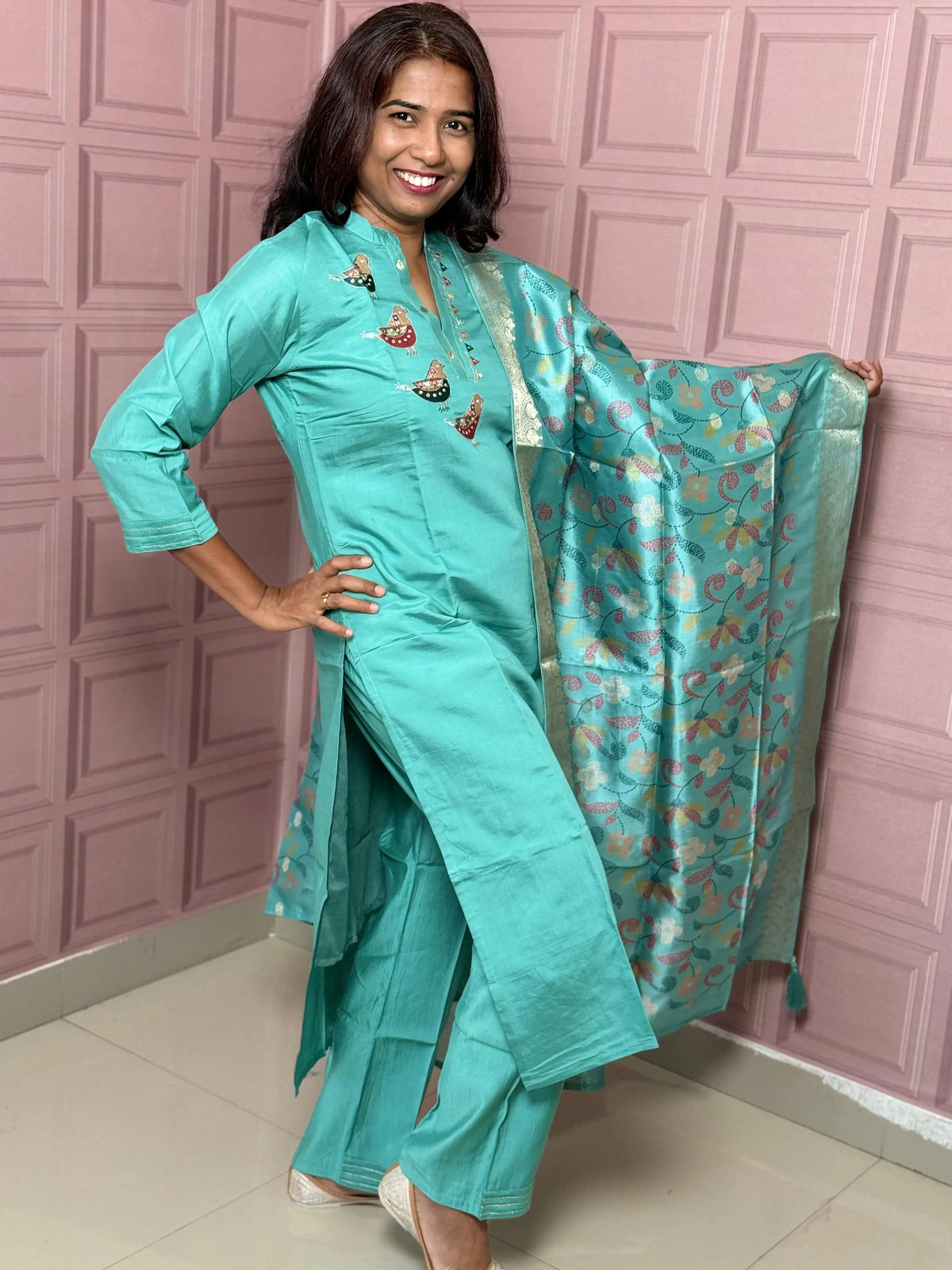Viscose silk straight kurta set with beautiful bird embroidery