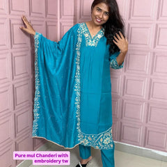 Rama color pure mul chanderi straight kurta set with embriodery