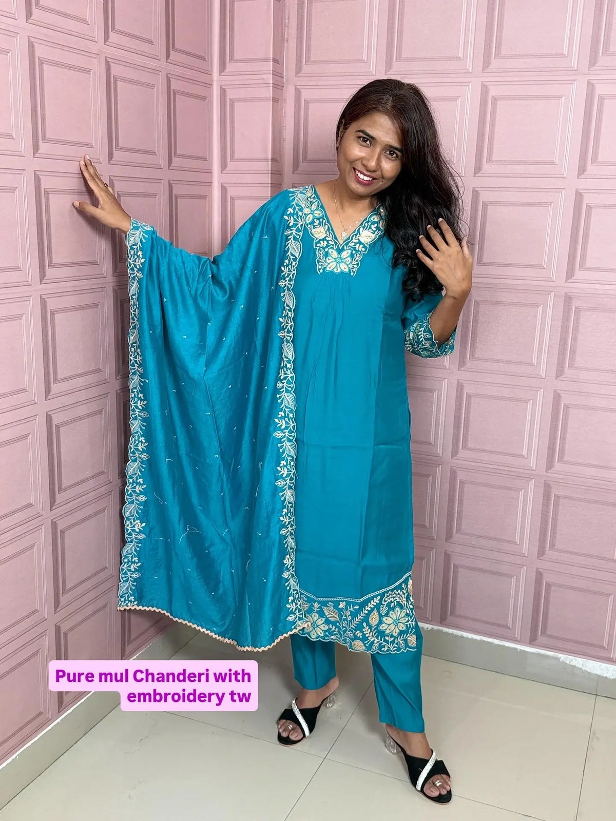 Rama color pure mul chanderi straight kurta set with embriodery