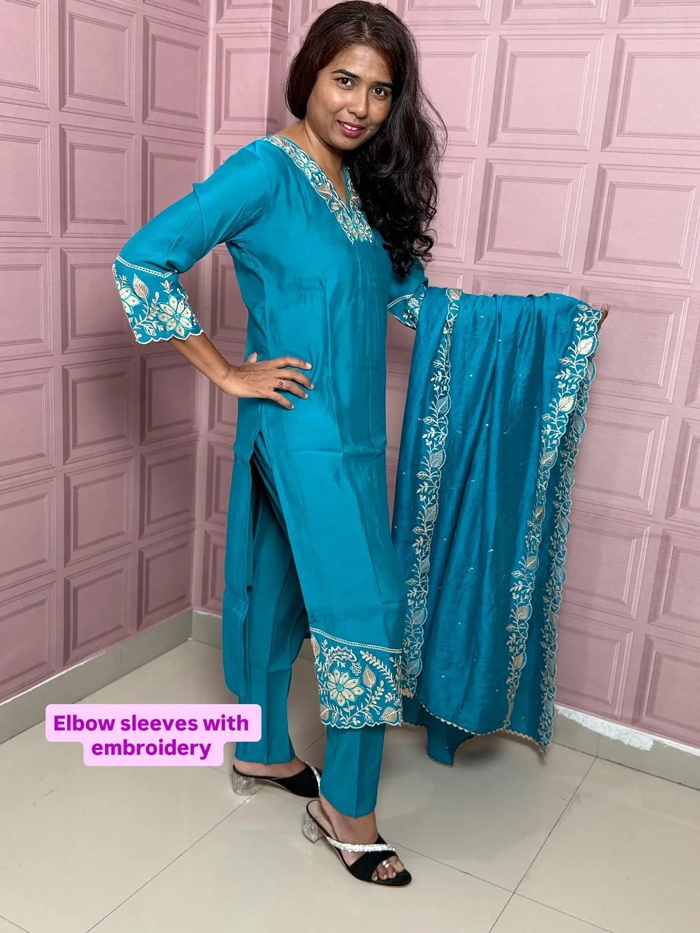 Rama color pure mul chanderi straight kurta set with embriodery