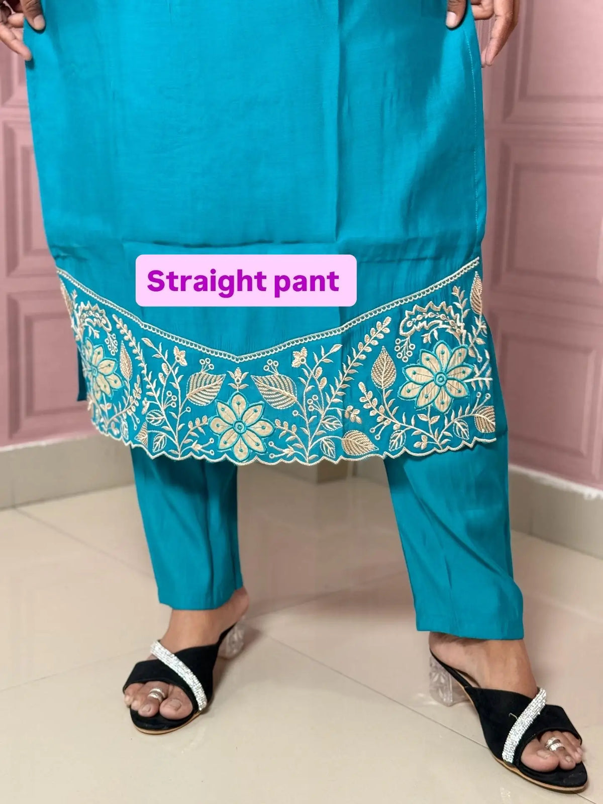 Rama color pure mul chanderi straight kurta set with embriodery