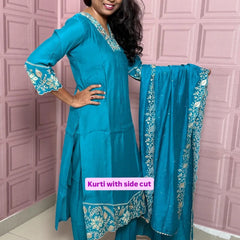 Rama color pure mul chanderi straight kurta set with embriodery