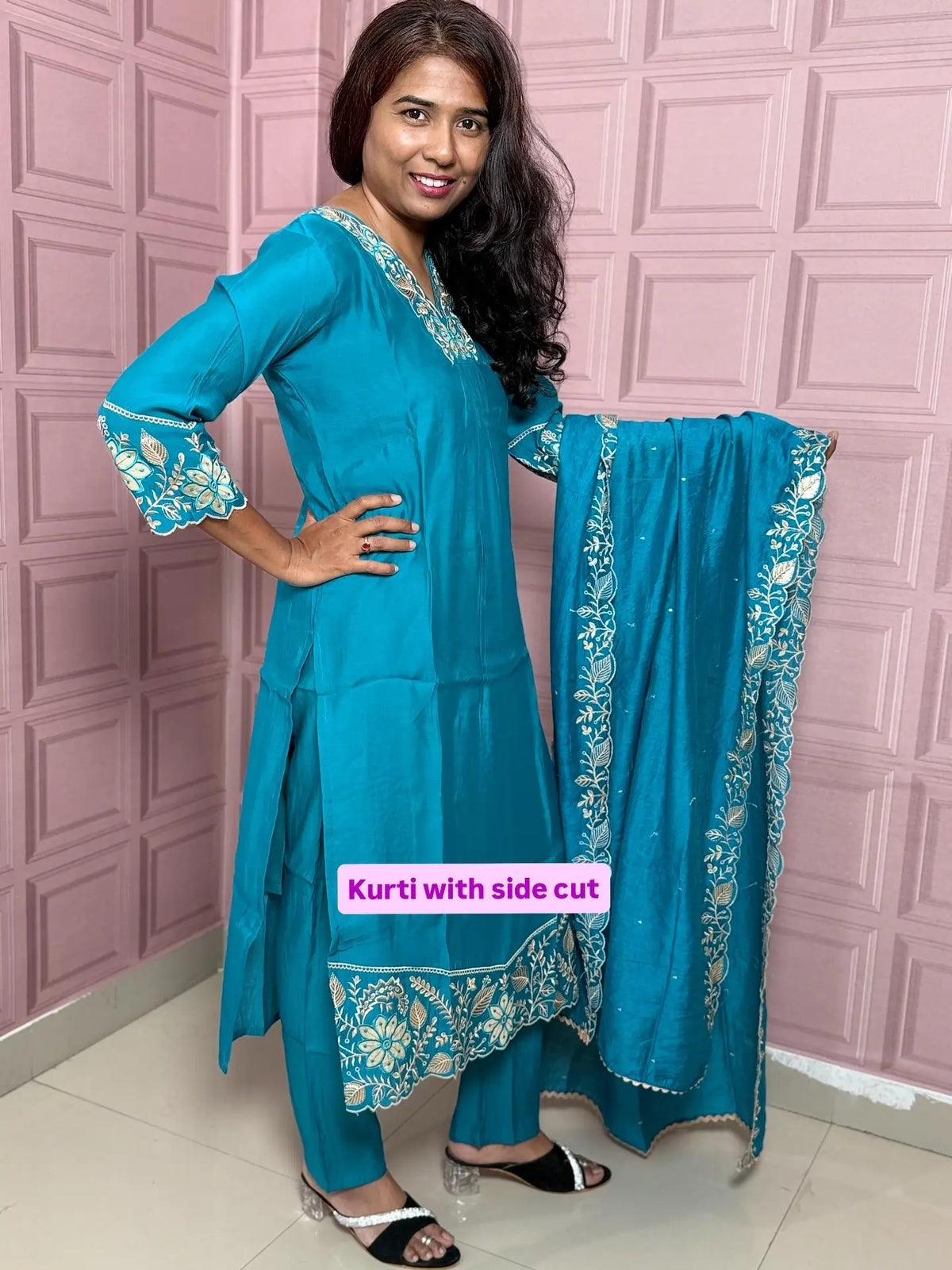 Rama color pure mul chanderi straight kurta set with embriodery