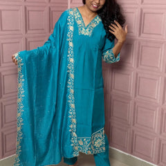 Rama color pure mul chanderi straight kurta set with embriodery