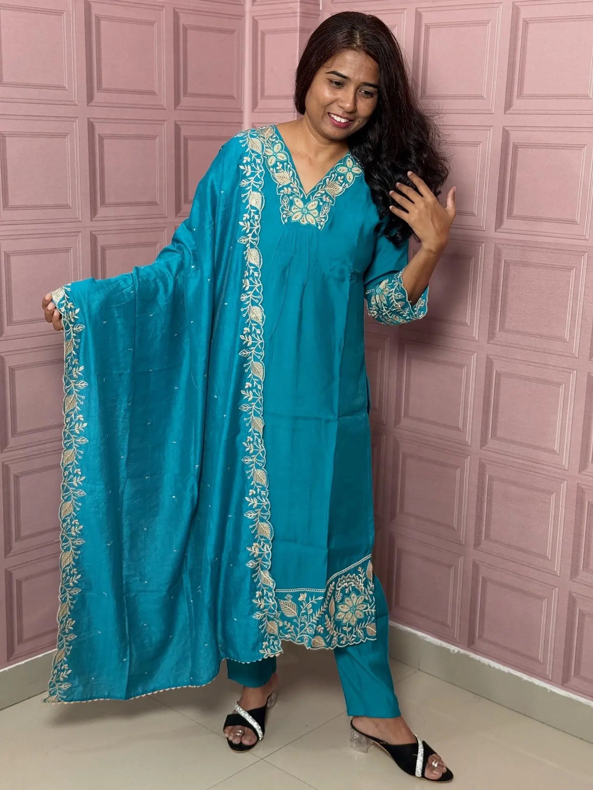 Rama color pure mul chanderi straight kurta set with embriodery