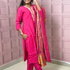 Rani Pink straight kurta set with beautiful embroidery