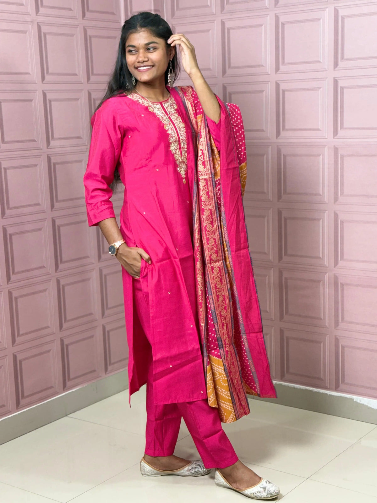 Rani Pink straight kurta set with beautiful embroidery