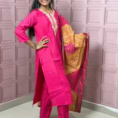 Rani Pink straight kurta set with beautiful embroidery