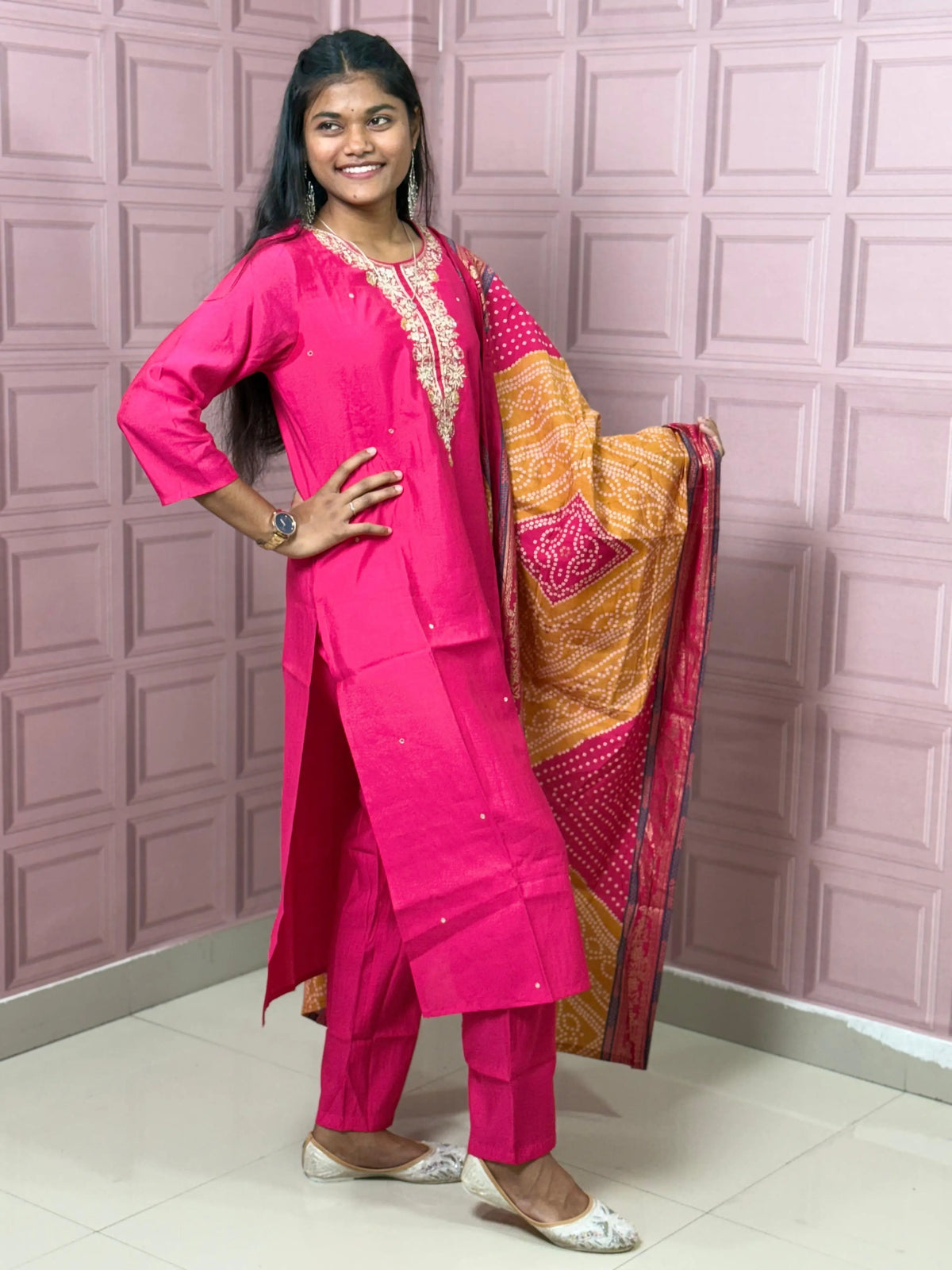 Rani Pink straight kurta set with beautiful embroidery
