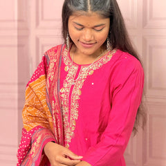 Rani Pink straight kurta set with beautiful embroidery