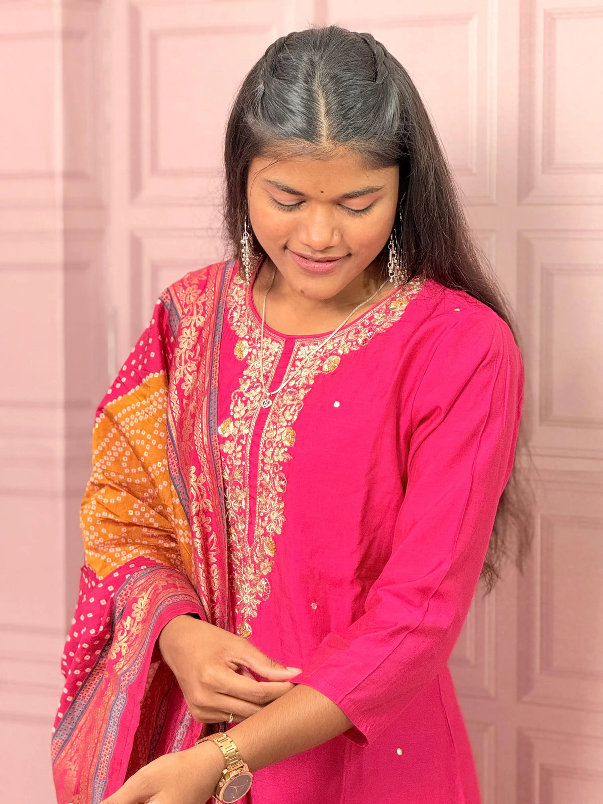 Rani Pink straight kurta set with beautiful embroidery