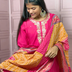 Rani Pink straight kurta set with beautiful embroidery