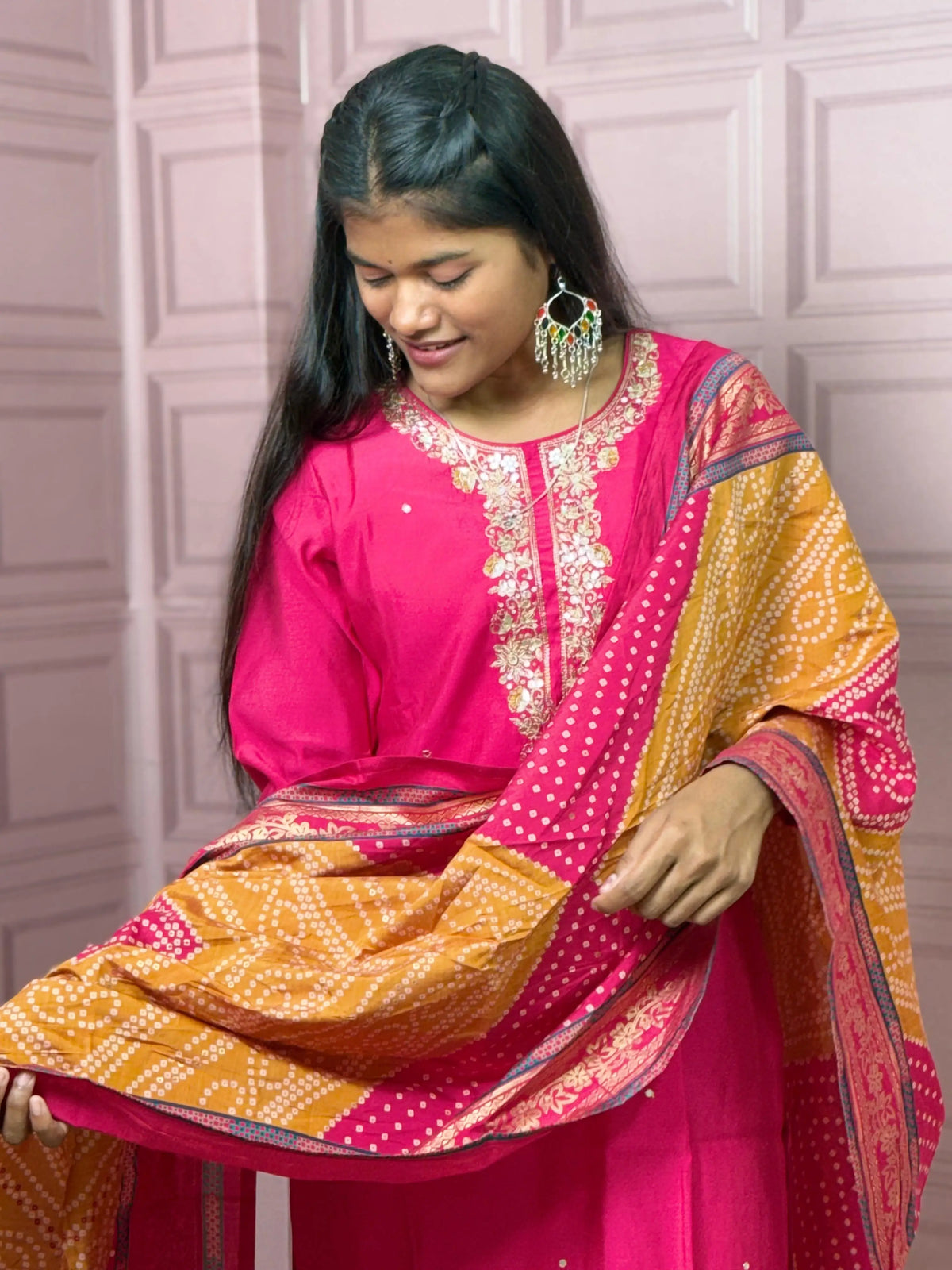 Rani Pink straight kurta set with beautiful embroidery