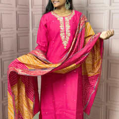 Rani Pink straight kurta set with beautiful embroidery