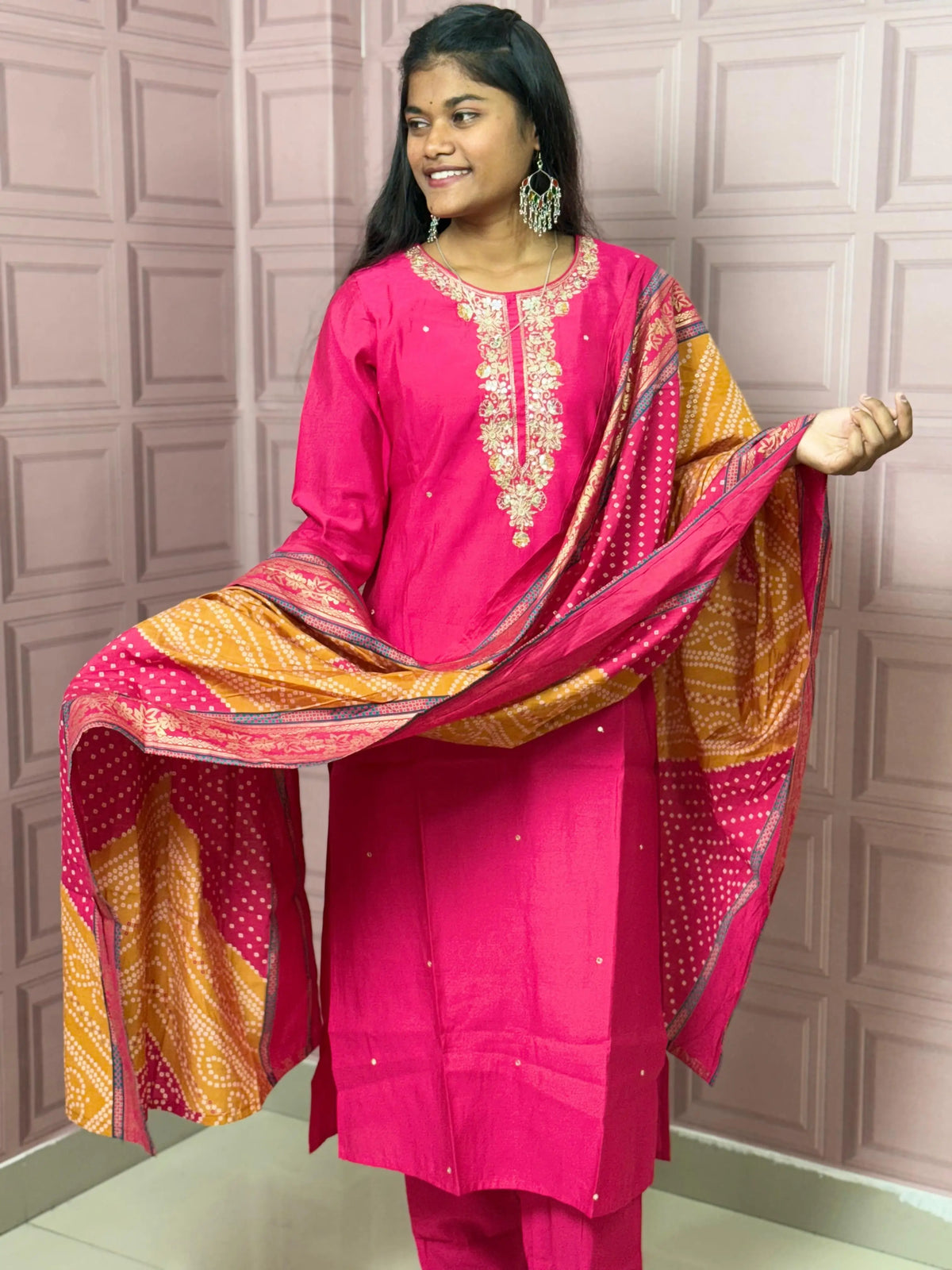 Rani Pink straight kurta set with beautiful embroidery