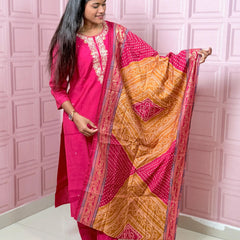 Rani Pink straight kurta set with beautiful embroidery