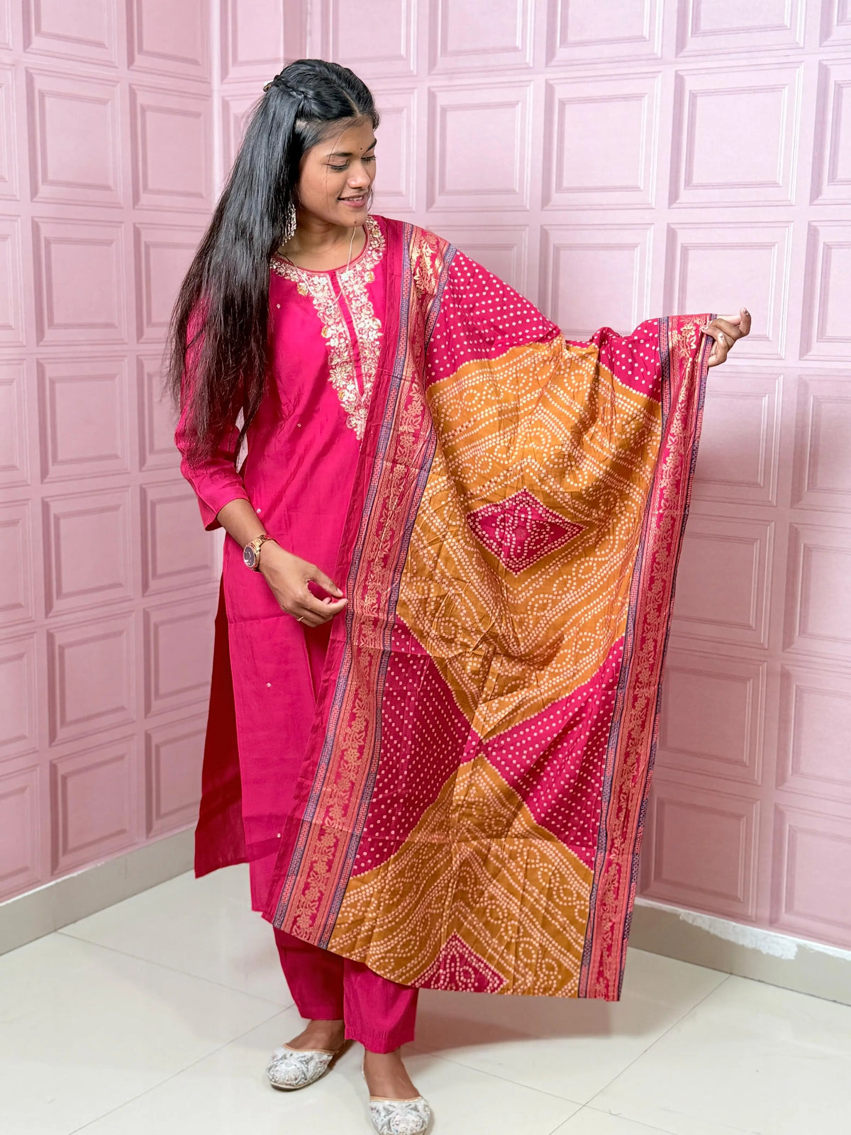 Rani Pink straight kurta set with beautiful embroidery