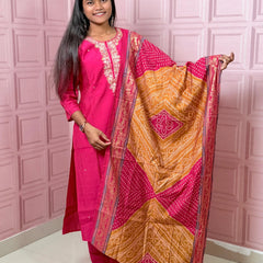 Rani Pink straight kurta set with beautiful embroidery