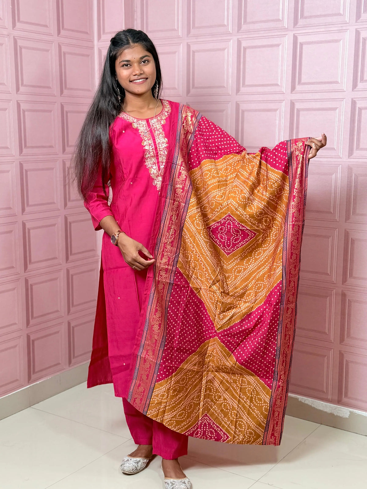 Rani Pink straight kurta set with beautiful embroidery