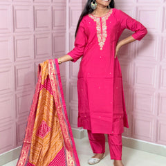 Rani Pink straight kurta set with beautiful embroidery
