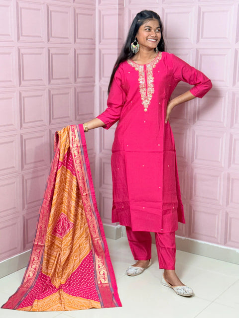 Rani Pink straight kurta set with beautiful embroidery