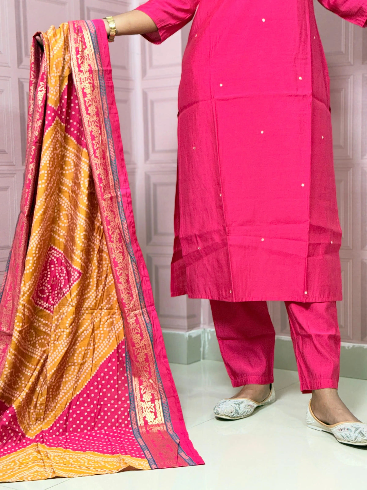 Rani Pink straight kurta set with beautiful embroidery