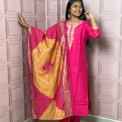 Rani Pink straight kurta set with beautiful embroidery