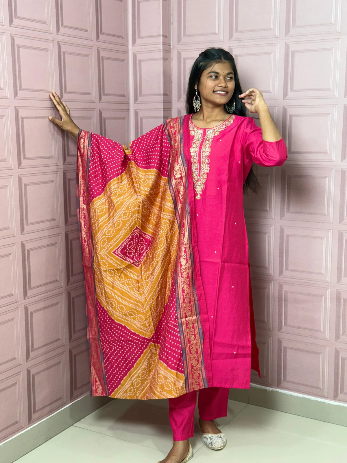 Rani Pink straight kurta set with beautiful embroidery