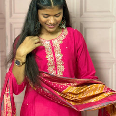 Rani Pink straight kurta set with beautiful embroidery