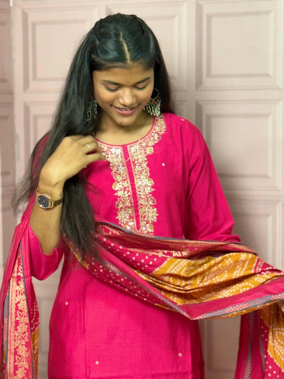 Rani Pink straight kurta set with beautiful embroidery