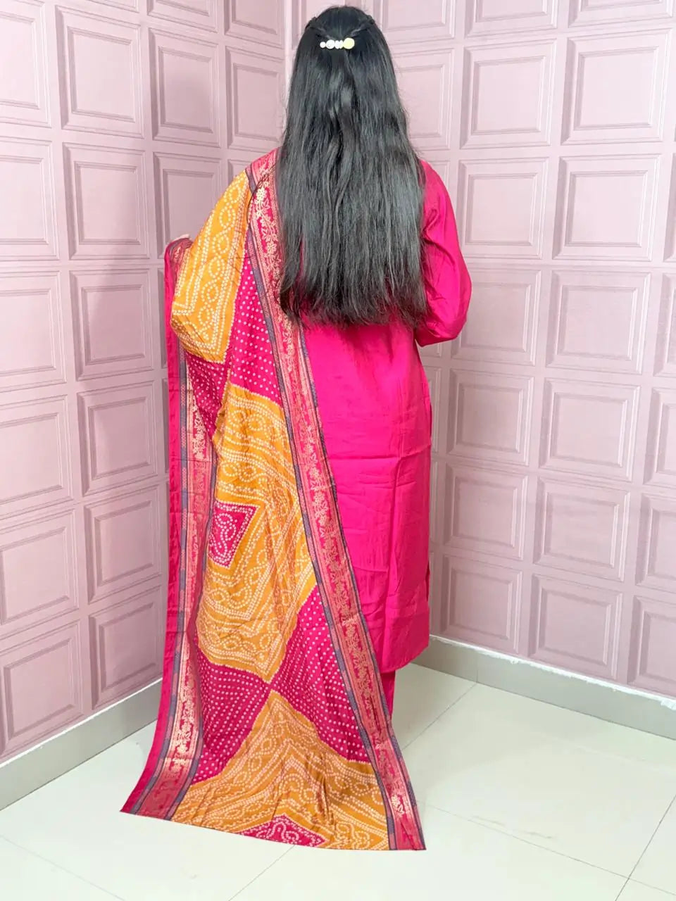 Rani Pink straight kurta set with beautiful embroidery