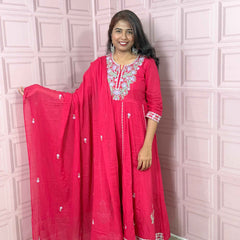 Rani pink premium Mul cotton Anarkali with embroidery