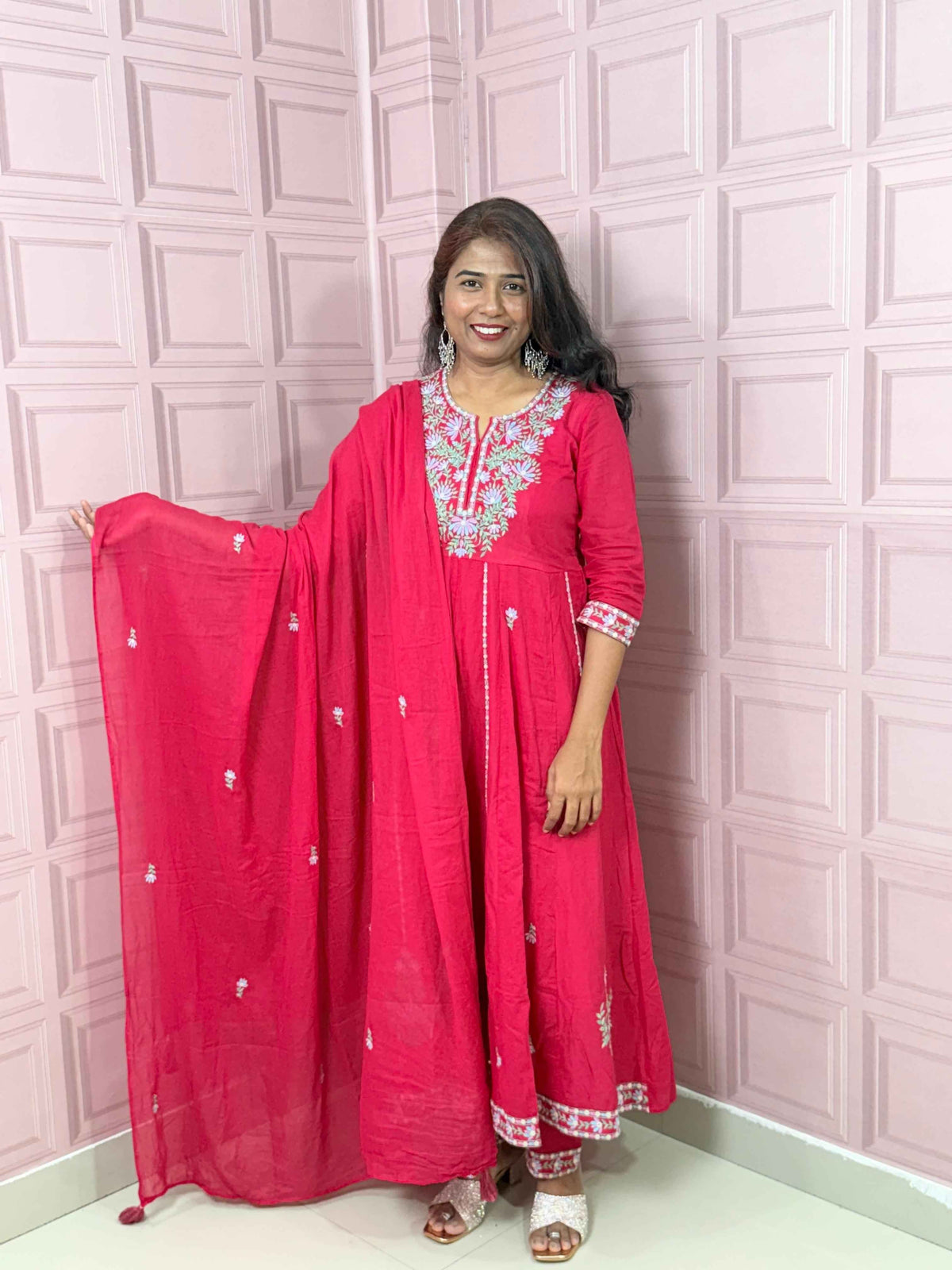 Rani pink premium Mul cotton Anarkali with embroidery