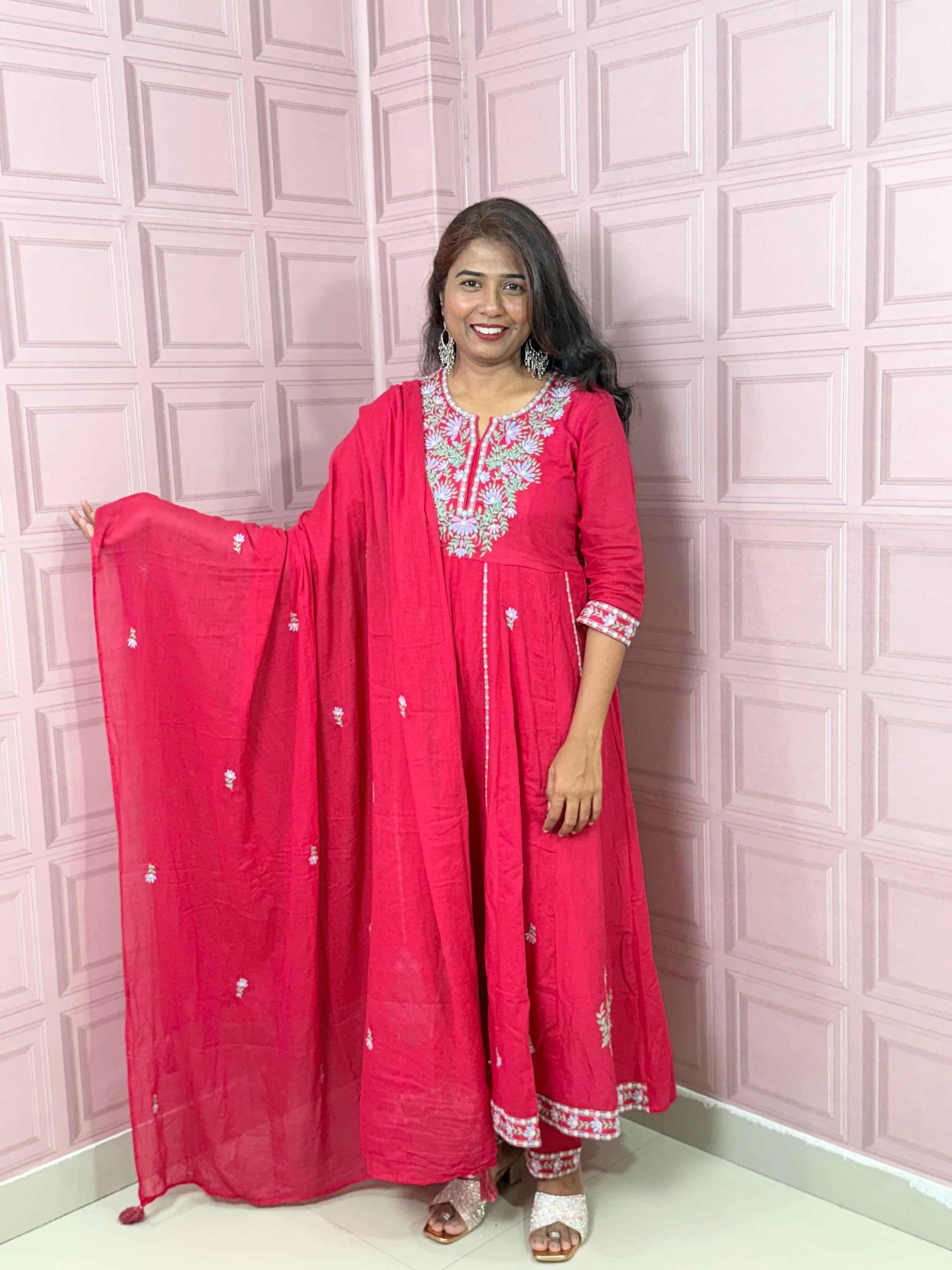 Rani pink premium Mul cotton Anarkali with embroidery