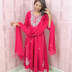 Rani pink premium Mul cotton Anarkali with embroidery