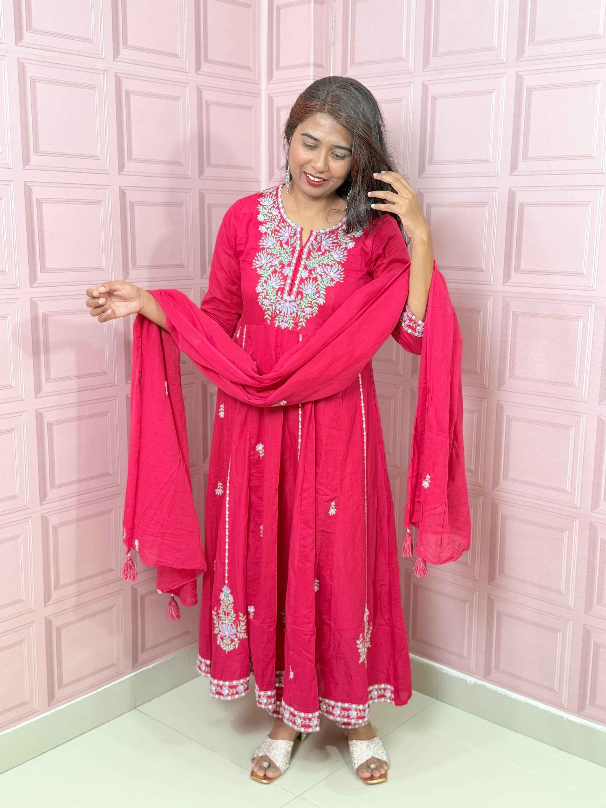 Rani pink premium Mul cotton Anarkali with embroidery