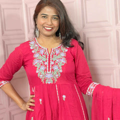 Rani pink premium Mul cotton Anarkali with embroidery