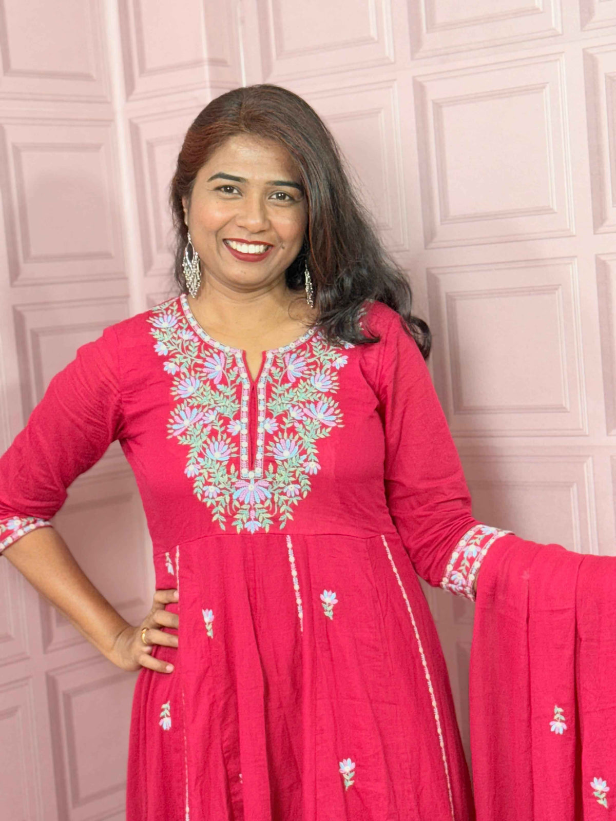 Rani pink premium Mul cotton Anarkali with embroidery