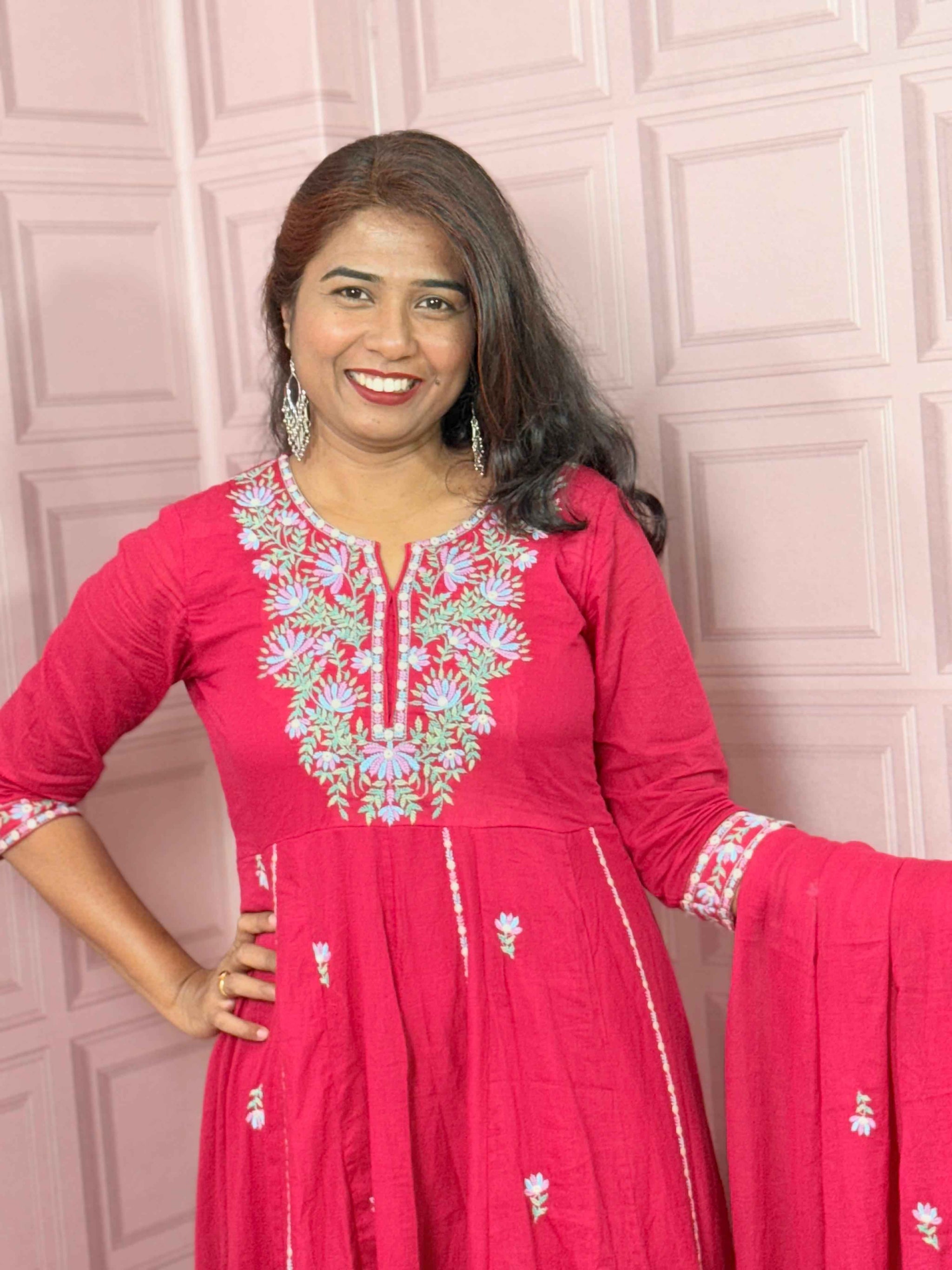 Rani pink premium Mul cotton Anarkali with embroidery