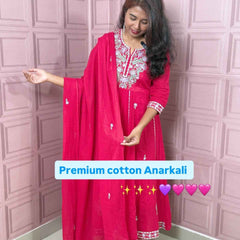 Rani pink premium Mul cotton Anarkali with embroidery