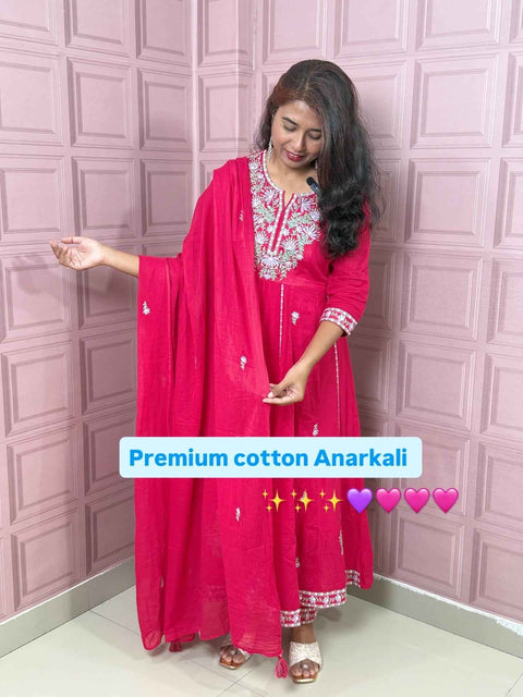 Rani pink premium Mul cotton Anarkali with embroidery