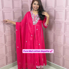 Rani pink premium Mul cotton Anarkali with embroidery
