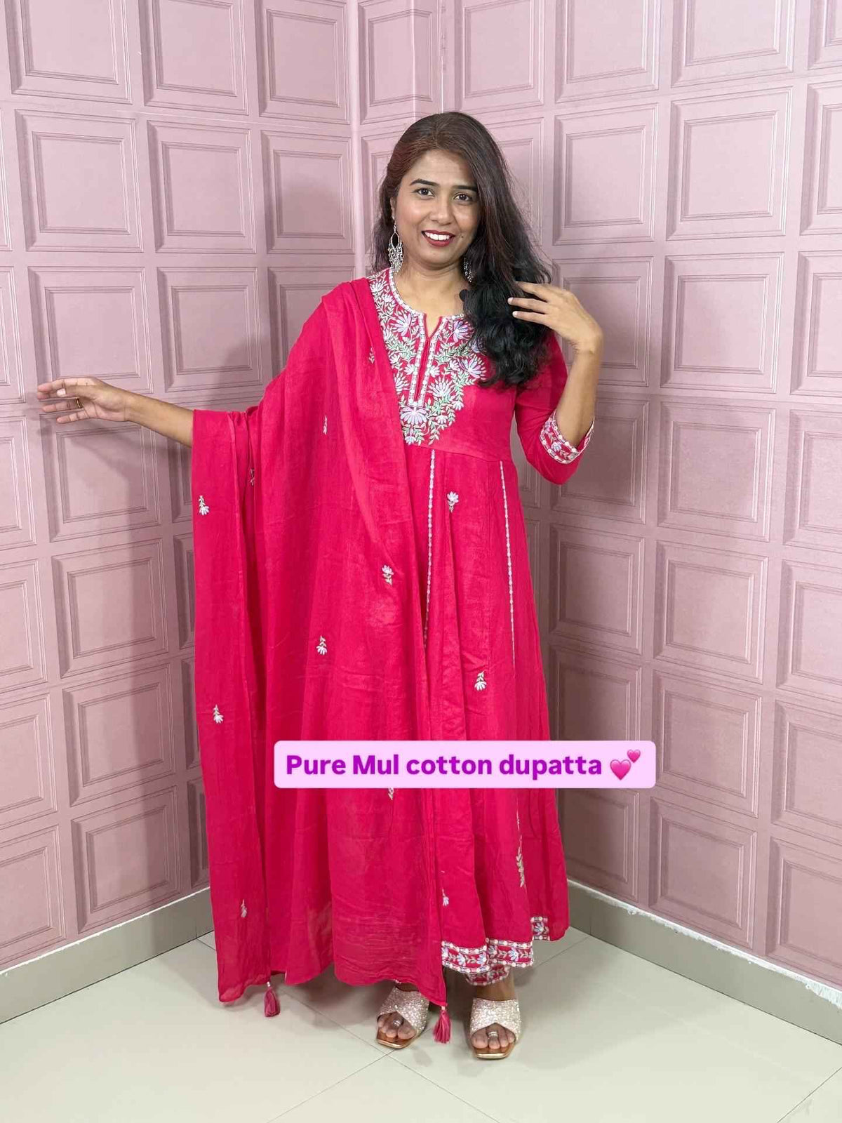 Rani pink premium Mul cotton Anarkali with embroidery